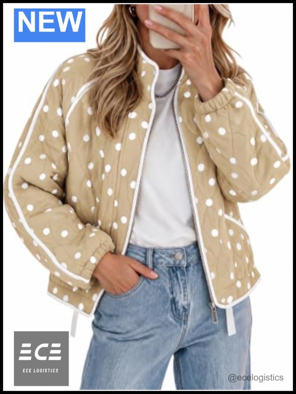Tankaneo Women's Polka Dot Quilted Lightweight Zip-Up Jacket Casual Trendy Coat